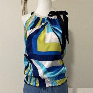 Y2K multicolor satin blue top with bow detail